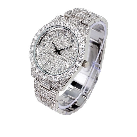 Mens Silver Hip Hop Iced Out Bezel Watch with Stones - Picture 1 of 6